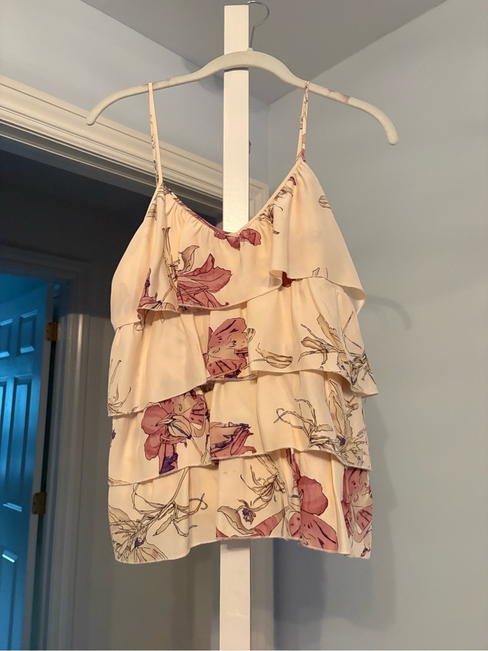 Parker Cream Floral Tiered Ruffle Cami Top with Pink Accents